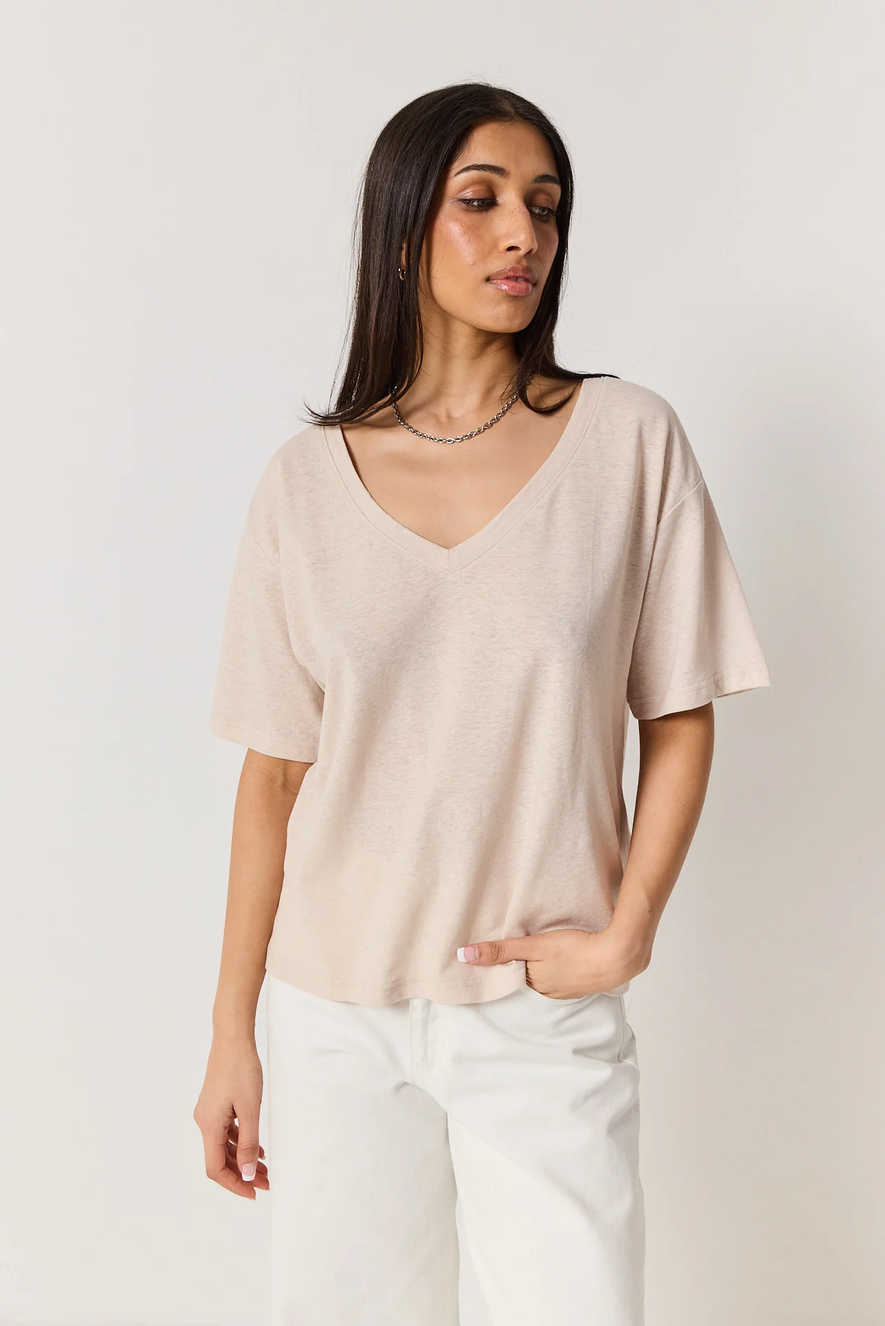 T-shirt V linen beige - Image 3